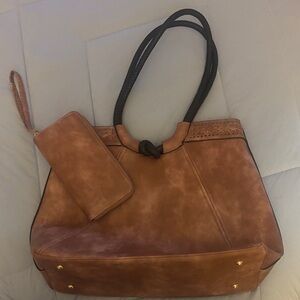 Elegant Brown Tote Bag with Matching Wristlet